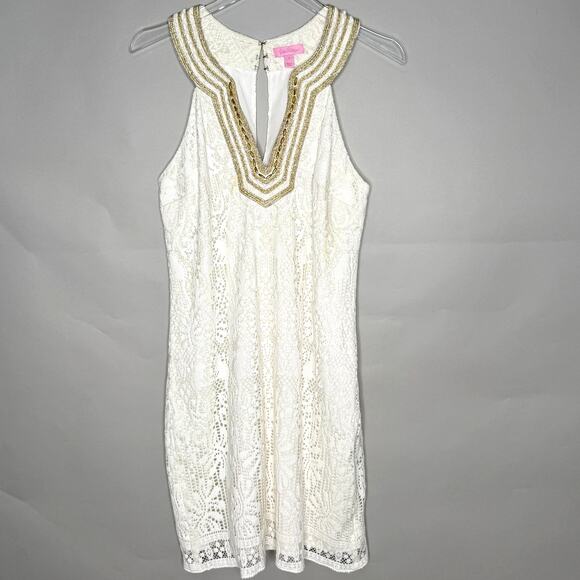 Lilly Pulitzer 8 Calera Jungle White Lace Gold Beaded Shift Dress Preppy Vaca - Picture 2 of 9